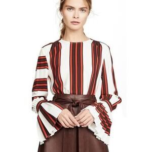 Tory Burch Maverick Top 100% Silk Flare Sleeve Striped Ivory Red NWT 0